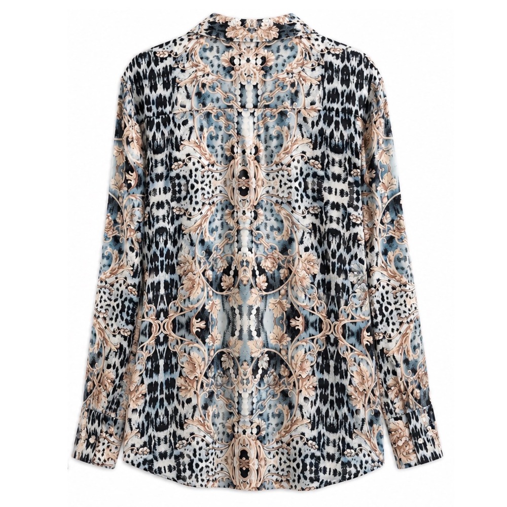 Chicos Mixed Leopard Baroque Print Button Down Shirt Blue Tan Size 3 XL 16/18 - Picture 3 of 8